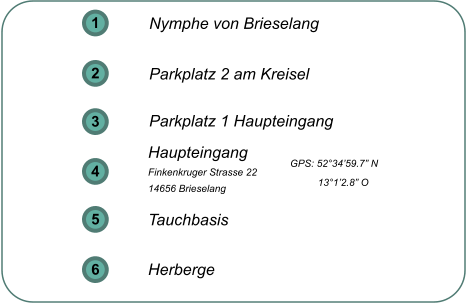 1 2 3 5 6 Nymphe von Brieselang Parkplatz 2 am Kreisel  Parkplatz 1 Haupteingang  Haupteingang Finkenkruger Strasse 22 14656 Brieselang  Tauchbasis   Herberge   4 GPS: 52°34’59.7” N           13°1’2.8” O